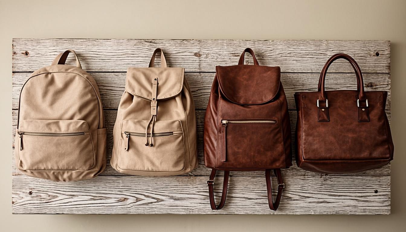 Quatre sacs de cours alignés sur un fond bois, du polyester d'entrée de gamme au cuir premium, illustrant les quatre gammes de prix