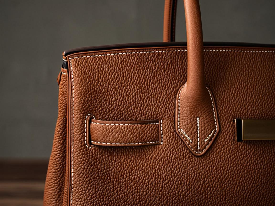 Gros plan sur un sac en cuir pleine fleur de couleur caramel, montrant les coutures et la texture