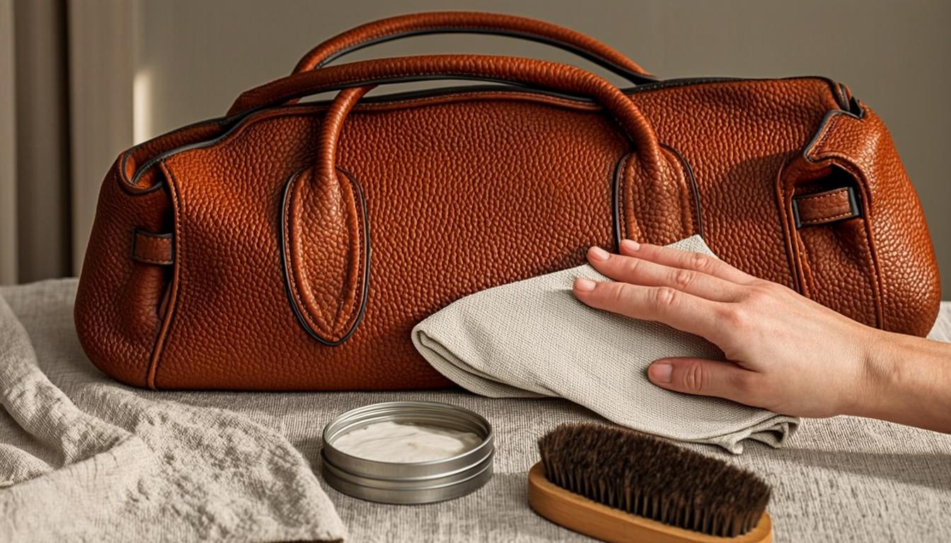Gros plan sur l'application d'une crème nourrissante sur un sac à main en cuir caramel, avec boîte de baume et chiffon doux à côté