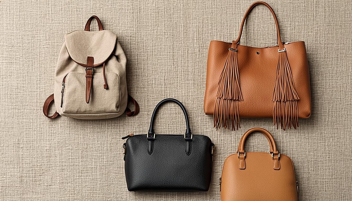 Quatre sacs de cours sur fond lin beige : sac à dos casual, cabas bohème frangé, sac minimaliste noir, sac à main camel classique